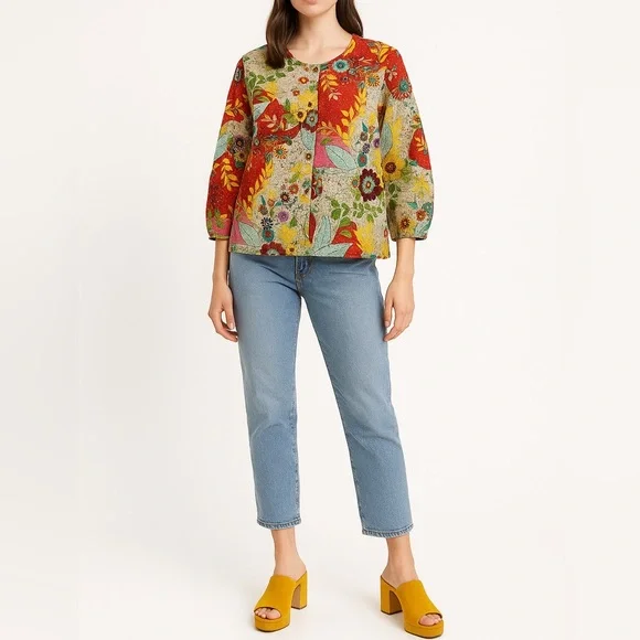 VINTAGE Korean Floral Patchwork Silk Blouse | M | Multicolor | Eclectic Boho - Picture 1 of 13